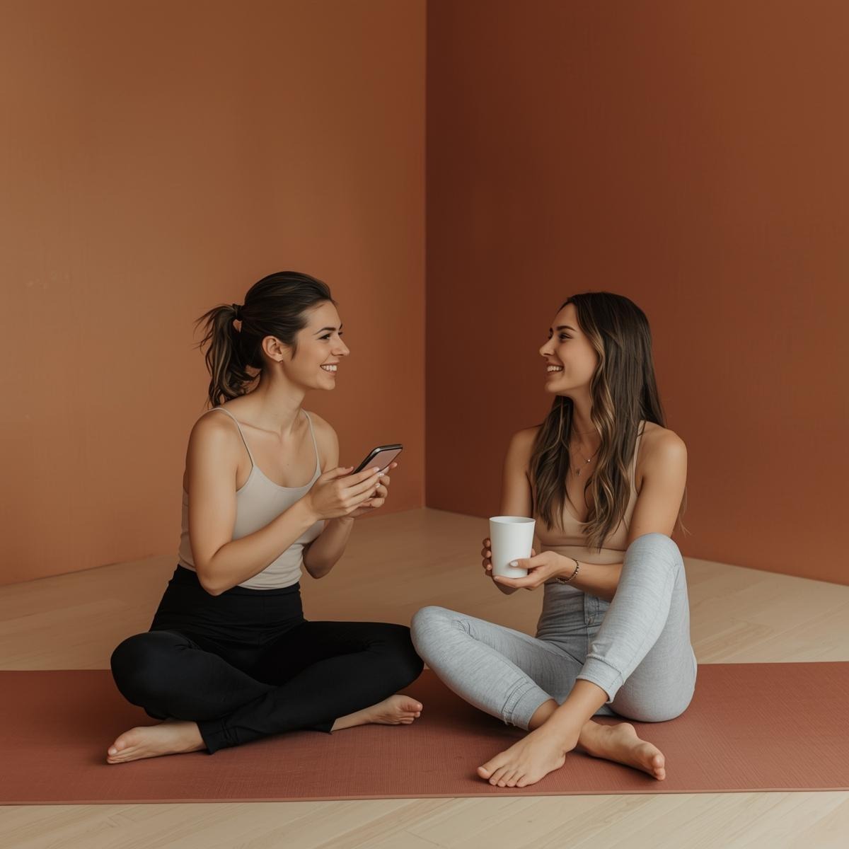 Deux femmes discutant sur un tapis de yoga
